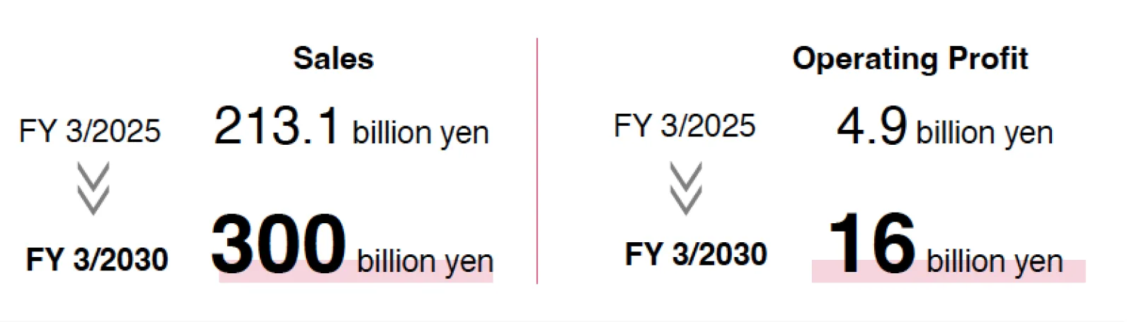 Overseas Business:SalesFY 3/2030 300 billion yen, Operating Profit FY 3/2030 16 billion yen