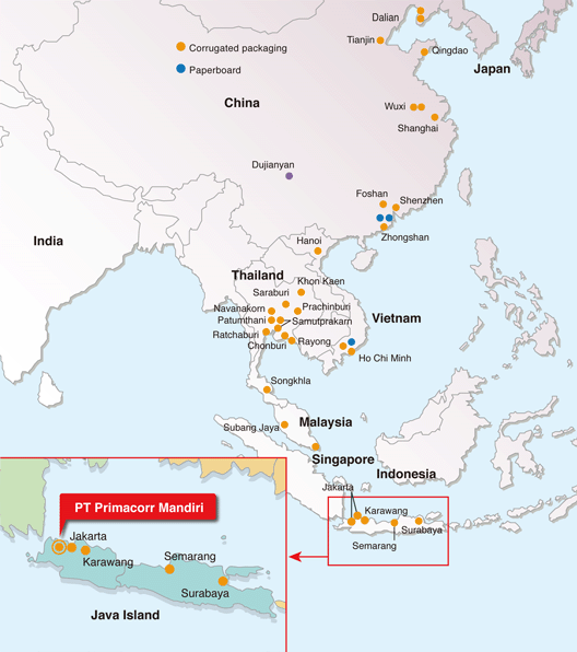 The Rengo Group's corrugated packaging and containerboard business locations overseas