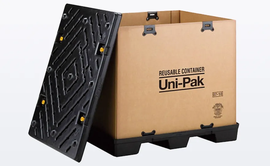 Reusable containers combining corrugated packaging with high density polyethylene pallets