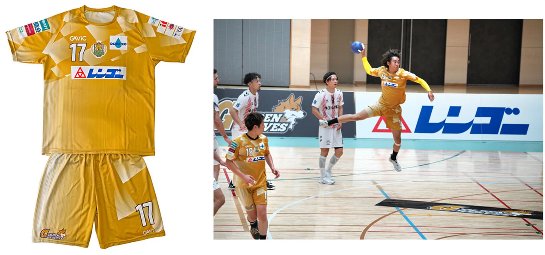 Golden Wolves Fukuoka team uniform and a player wearing it