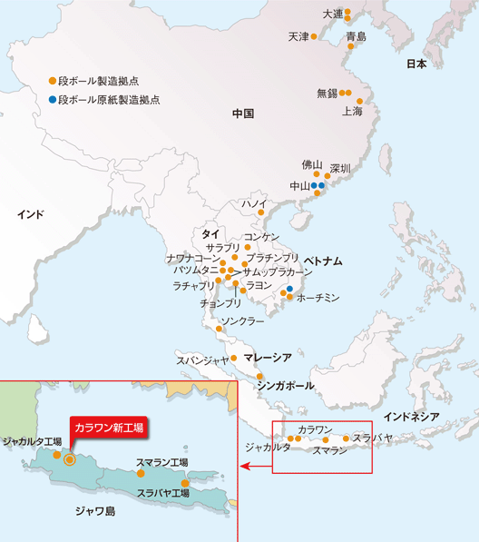 レンゴーグループの海外段ボール関連事業拠点地図