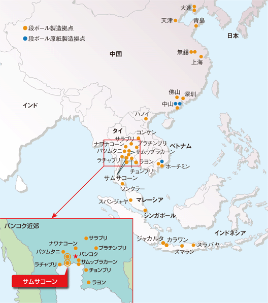 レンゴーグループの海外段ボール関連事業拠点地図