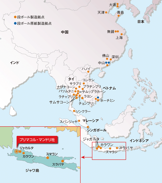 レンゴーグループの海外段ボール関連事業拠点地図