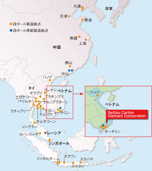 レンゴーグループの海外段ボール関連事業拠点地図