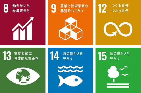 8.働きがいも経済成長も/9.産業と技術革新の基盤をつくろう/12.つくる責任 つかう責任/13.気候変動に具体的な対策を/14.海の豊かさを守ろう/15.陸の豊かさも守ろう
